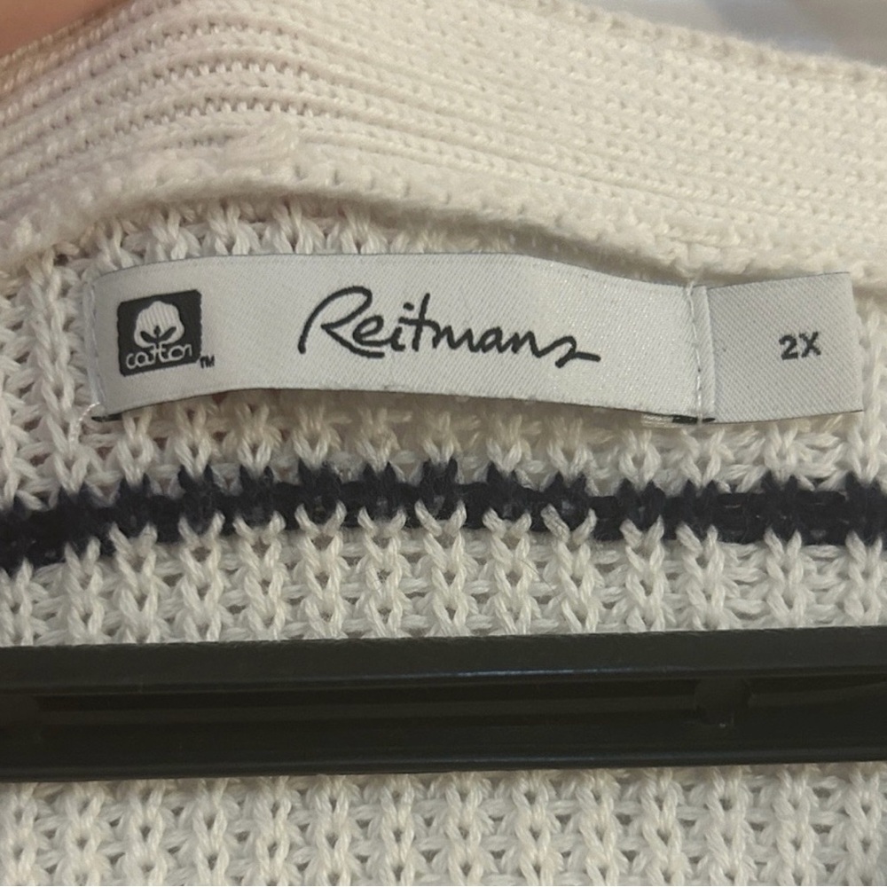 Reitmans Cream Sweater with Red, Blue, and Black Stripes - Picture 2 of 5